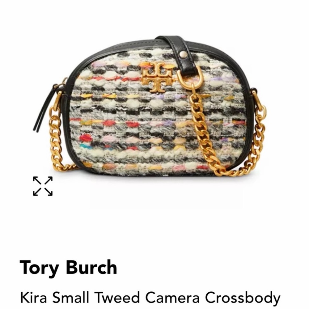 Tory Burch Tweed Camera Crossbody in Black, Gold & Multicolor Tweed